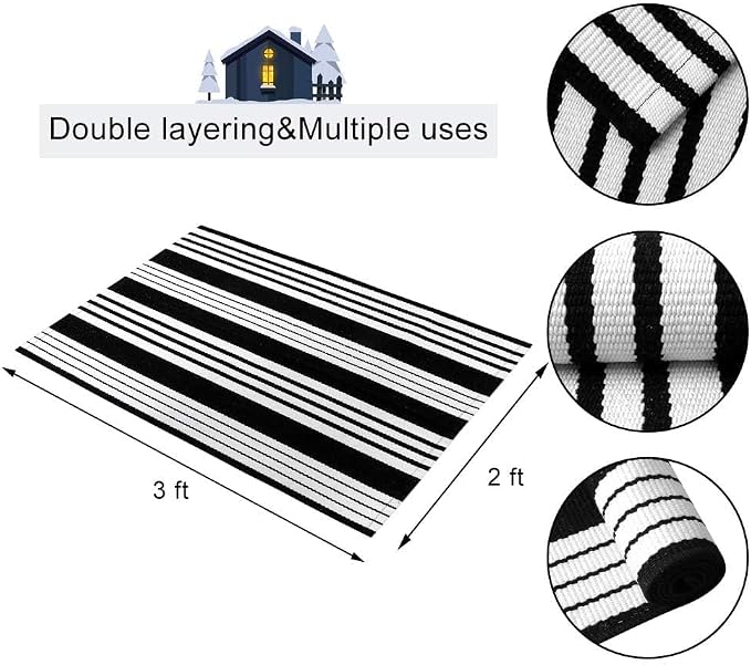 OJIA Front Door Mat 24"x35" Black and White Outdoor Rugs Front Door Rug | Washable Entryway Rug Cotton Woven Indoor Outdoor Doormat Small Area Rugs Layered Doormat for Porch/Outside Entrance Decor