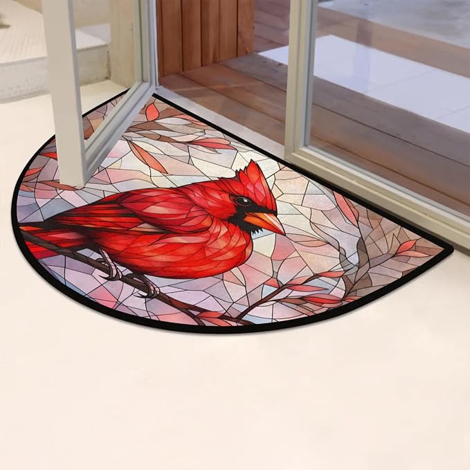 Half Round Door Mat Indoor,Cardinal Bird Glass Painting Non-Slip Entrance Welcome Mats for Bedroom Semi Circle Bathroom Floor Rugs House Entry Way Area Heavy Duty Doormat for Living Room 36x24 In