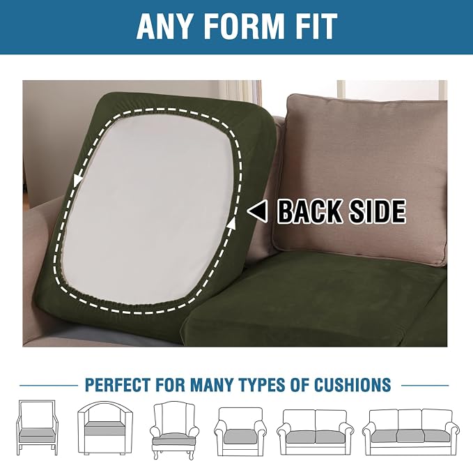 H.VERSAILTEX Velvet Stretch Couch Cushion Cover Plush Cushion Slipcover for Chair Loveseat Sofa Cushion Furniture Protector Seat Cushion Sofa Cover (2 Piece Large Sofa Cushion Covers, Olive)