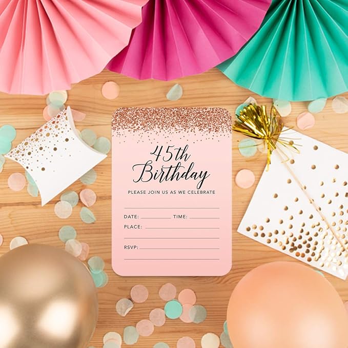 Andaz Press Blush Pink and Rose Gold Glitter Elegant Party Collection, 5x7-inch Invitations with Envelopes, 45th Birthday, 24-Pack, Double Sided Printing, Heavy Card Stock, Includes Envelopes