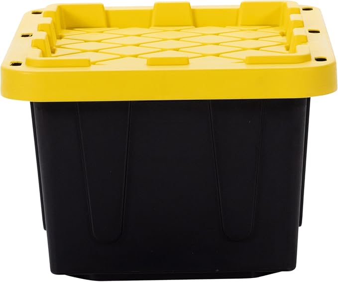 Plastic 5-Gallon Storage Tote with Lockable Lid, Stackable Tough Regular-Duty Bin for Garage, Tools, and Home Organization (4-Pack) - Black and Yellow