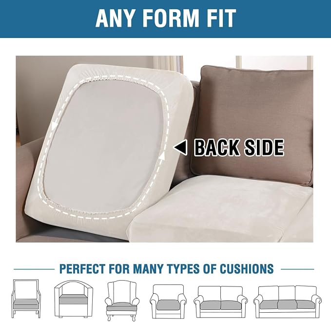H.VERSAILTEX Velvet Stretch Couch Cushion Cover Plush Cushion Slipcover for Chair Loveseat Sofa Cushion Furniture Protector Seat Cushion Sofa Cover(2 Piece Medium Sofa Cushion Covers, Porcelain White)