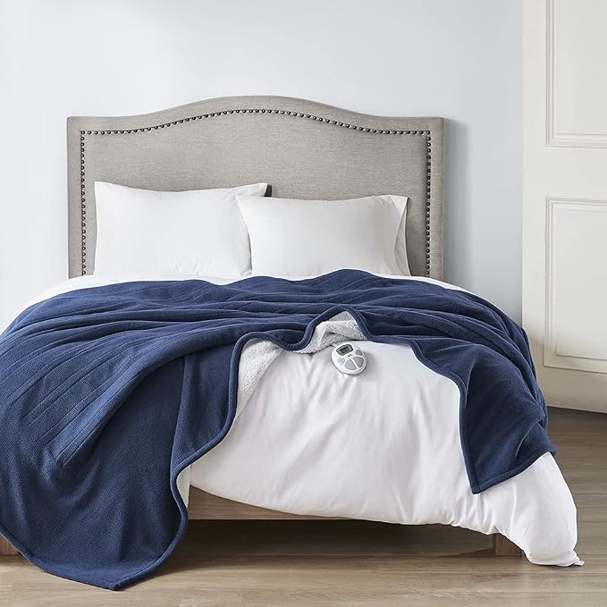 Serta Heated Blanket Twin - Reversible Fleece Heating Blanket, Indigo | Dual-Layer Heated Throw Blanket With 5 Heat Settings & Auto Shut Off, Machine Washable, ETL Certified