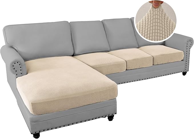 H.VERSAILTEX Sectional Couch Covers 4 Pieces Sofa Seat Cushion Covers L Shape Separate Cushion Couch Chaise Cover for Both Left/Right Sectional Couch (Seat Only: 1 Chaise + 3 Sofa, Natural)