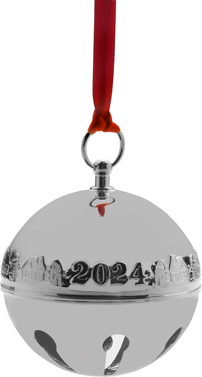 Wallace 2024 Annual Silver-Plated Sleigh Bell Ornament 54th Edition - Snowmen and Log Cabins Design - Handcrafted Collectible with Gift Box, Ribbon, and Velvet Pouch