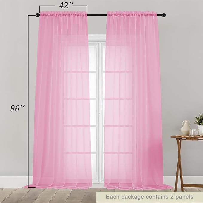 Pink Sheer Curtains for Bedroom Living Room 96 Inches Long 2 Panels, Modern - Image 2