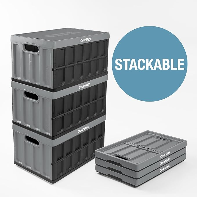 CleverMade Collapsible Storage Bins with Lids, 46L, 3 Pack, Stone | Each bin supports 75 lb and stacks with or without its lid. The lid stores underneath, and the crate folds to 2.5 inches.