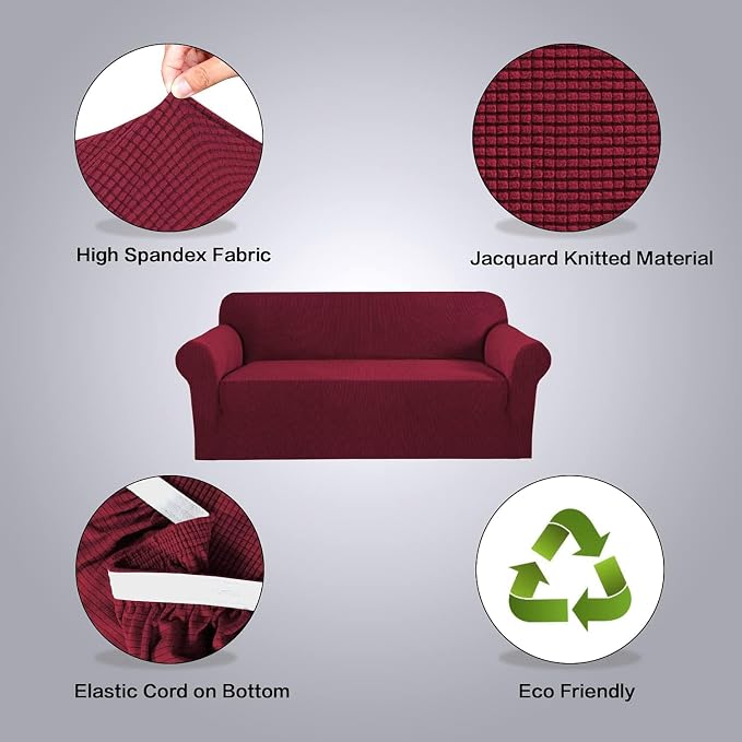 H.VERSAILTEX Stretch Couch Covers for Sofa 1 Piece Slipcovers for Couches 3 Seater Couch Cover Feature Thick Checked Jacquard Fabric with Elastic Bottom(Large Sofa 90"-100" Wide, Burgundy Red)
