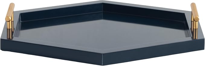 Kate and Laurel Halsey Decorative Hexagon Tray with Gold Metal Handles; 18 x 16; Navy Blue and Gold; Modern Glam Serving Tray with Handles for Living Room Decor