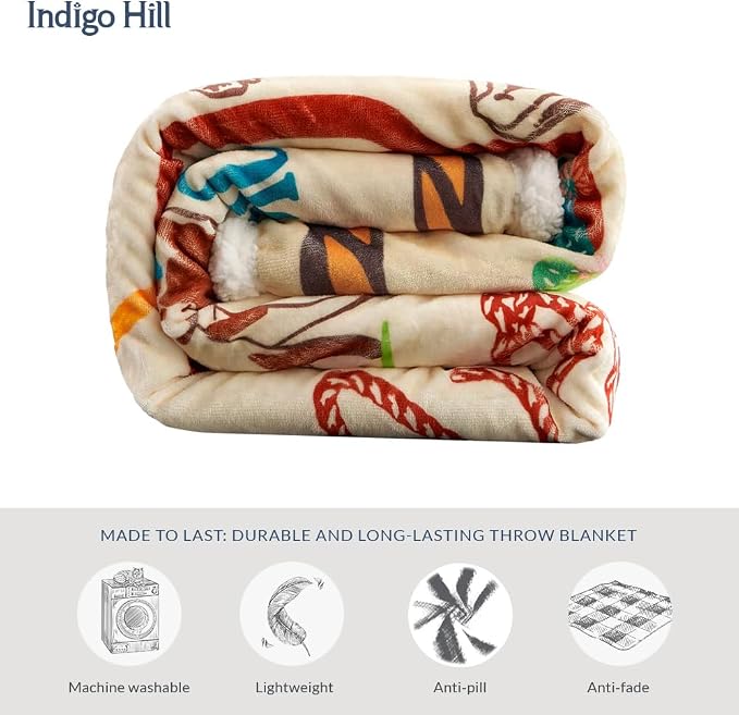 Indigo Hill by HiEnd Accents Retro Rodeo Sherpa Throw Blankets, Riders Salute Cowgirl Horseshoe Cactus Print Western Blanket for Camping, Rustic Southwest Southwestern Fleece Blanket, 54x68 inch