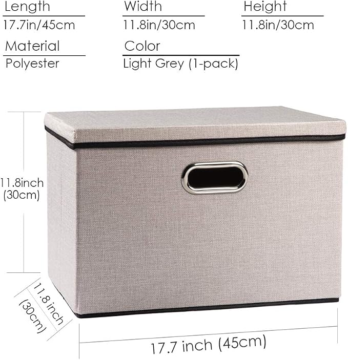 PRANDOM Large Foldable Storage Bin with Lid [1-Pack] Linen Fabric Decorative Storage Box Organizer Container Basket Cube with Handles Divider for Closet Office Living Room Light Grey(17.7x11.8x11.8)