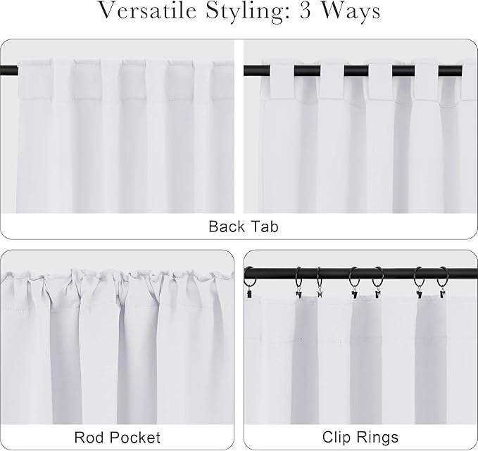 PONY DANCE 50% Light Blocking White Curtains 72 inch, Non-See-Through Window Thermal Insulated Back Tab Drapes Home Decor for Bedroom Living Room, 52 Wide by 72 Long, Pure White, Set of 2