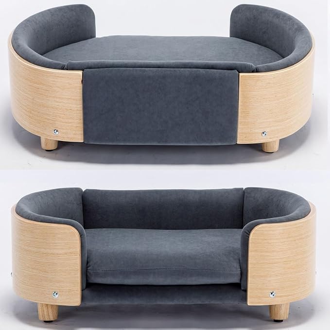 Elevated Dog Bed Pet Sofa with Solid Wood Legs and Bent Soft Backrest, Pet Cat Stool Bed with Velvet Cushion,for Small and Medium Size Dogs Kitten, Mid Size