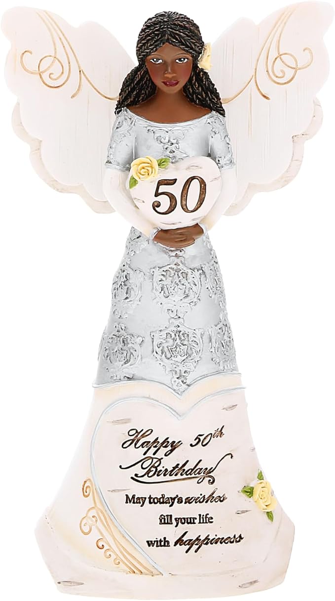 Pavilion Gift Company - Happy 50th Birthday - 6" Ebony African American Angel Figurine Religious Best Friend Bestie BFF God Jesus Lover Christian Christ Gift Present