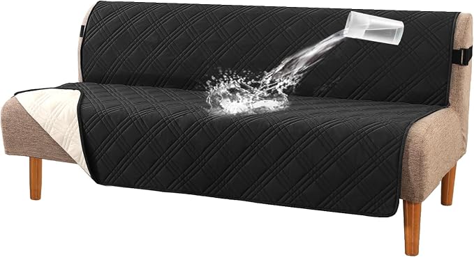 H.VERSAILTEX 100% Waterproof Futon Slipcovers Reversible Couch Cover Armless Futon Covers Slipcover Furniture Protector with Adjustable Elastic Strap Non-Slip Pets Covers, Black/Beige