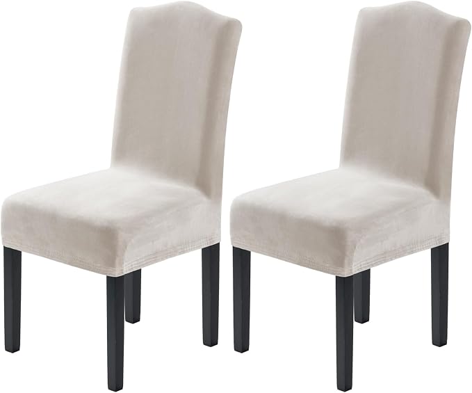 H.VERSAILTEX Velvet Dining Chair Covers Stretch Chair Covers for Dining Room Set of 2 Parson Chair Slipcovers Chair Protectors Covers Dining, Soft Thick Solid Velvet Fabric Washable, Oatmeal