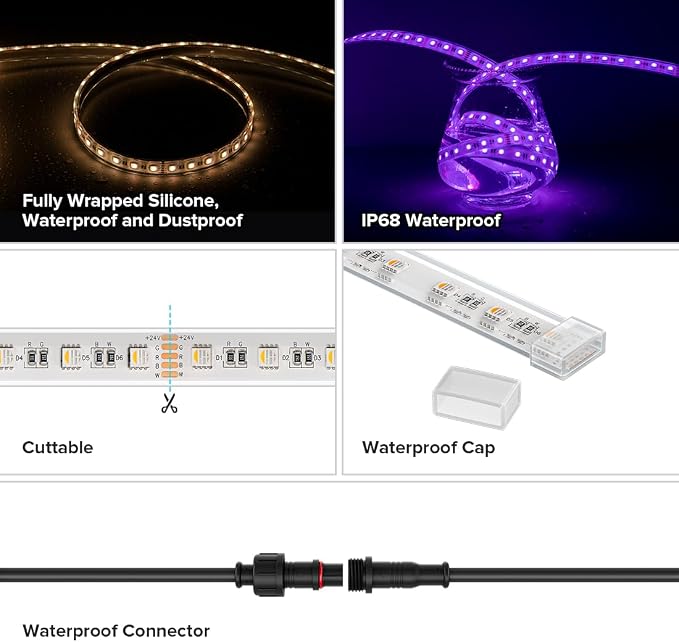 BTF-LIGHTING IP68 Waterproof Outdoor RGBW LED Strip 5050SMD RGB+Warm White(3000K-3500K) 4 Color in 1 DC24V 16.4ft 5m 60LED/m Multi-Colored Light White PCB Can Work Outdoor(No Adapter or Controller)