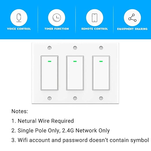 Smart Switch WiFi Light Switch 3 Gang Compatible with Alexa Google Home | 2.4GHz WiFi Switch