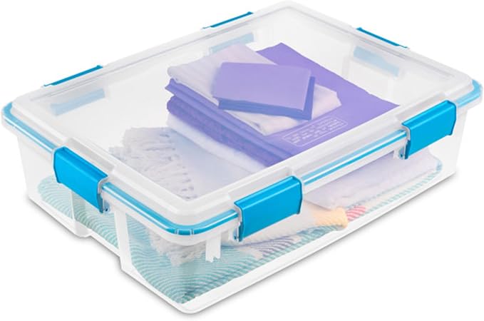 Sterilite Gasket Storage Box with Lids for Home & Office, 37 Quart, 16-Pack | Heavy-Duty, Stackable, and Organizing Containers for Bathroom, Cabinet, Closet, and Garage, Clear and Blue Aquarium Latches
