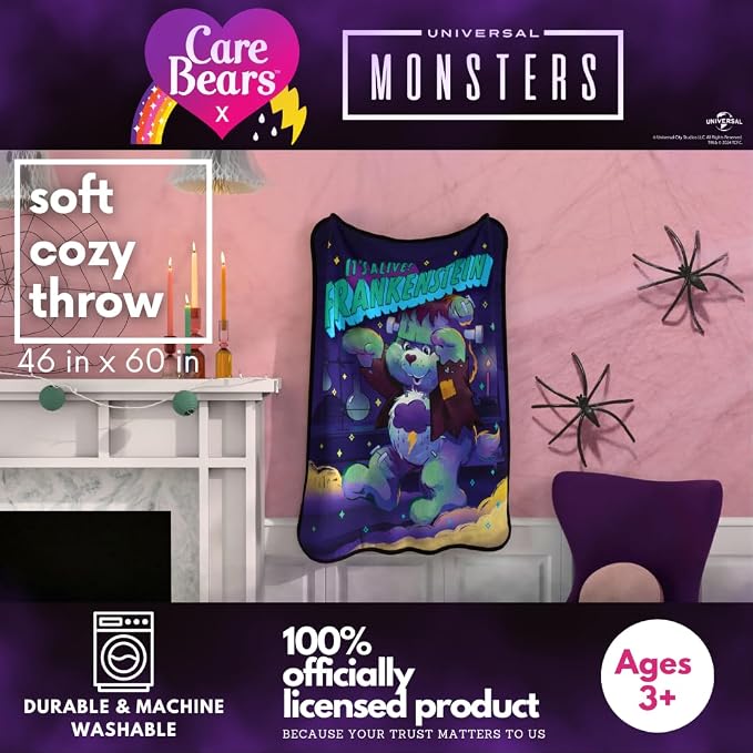 Care Bears X Universal Monsters Frankenstein Halloween Bedding Super Soft Plush Throw, 46 in x 60 in, (Officially Licensed Product) by Franco