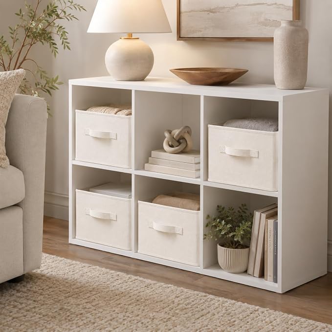 LayerSpace 3 Pack Fabric Storage Bins for Shelves | 11.5x8.75x6.5in Storage Baskets | Fabric Closet Organizers and Storage Bins with Handles Home Organization| Linen Clothes Bins | White & Ivory