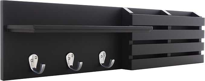 kieragrace KG Sydney Wall Shelf and Mail Holder with 3 Hooks - Black, 24"