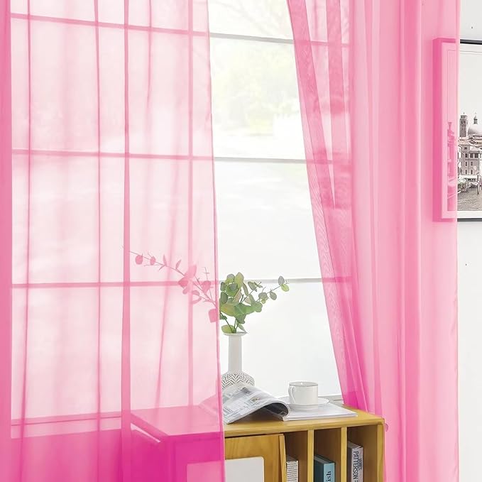 youleyar Solid Sheer Rod Pocket Curtain Voile Draperies 2 Panels White Beige Black Grey Ivory 60 Inch Width 72 Inch Long 1 Pair for Kitchen Bedroom Children Living Room Yard (Pink,60Wｘ72L)
