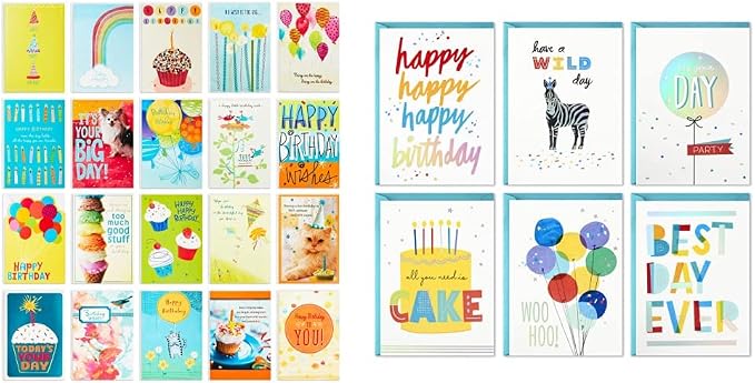 Hallmark Birthday Cards Assortment, 20 Cards with Envelopes (Refill Pack Card Organizer Box) & Birthday Cards Assortment, 24 Cards with Envelopes (Rainbow Lettering, Best Day Ever)
