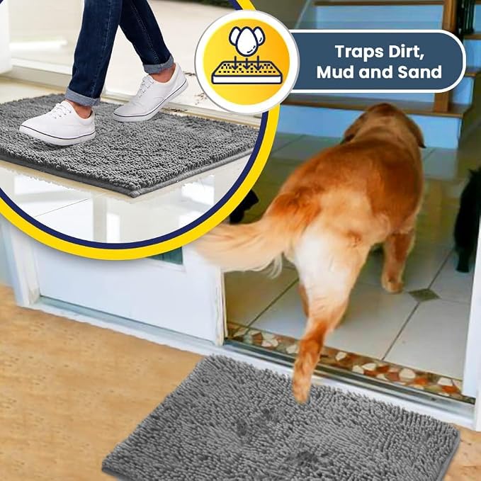 Muddy Mat® | Super Water Absorbent Door Mat Indoor, Microfiber Quick Dry Chenille Entryway Rug, Slip Resistant Front Door Mat, Indoor Mats for Entryway, Machine Washable Pet Rug, Light Grey 48" x 60"