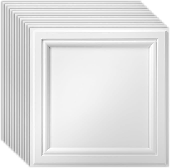 Art3d 12 Pack PVC Ceiling Tiles 24x24 Inches Waterproof Drop Ceiling Tiles/Wall Panels for Interior Wall Decor, Covers 48 Sq.,ft, Snow White | PVC, Water Resistant, Shatterproof, Fade-Resistant, Compatible with Grid System, Versatile for Living Room, B...