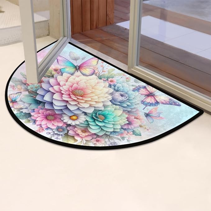 Butterfly Half Round Door Mat Non Slip Half Circle Rugs | Flower Animal Washable Half Moon Rug Semi Circle Rugs Indoor Entrance Floor Carpet for Kithen Bedroom Fireplace Decor
