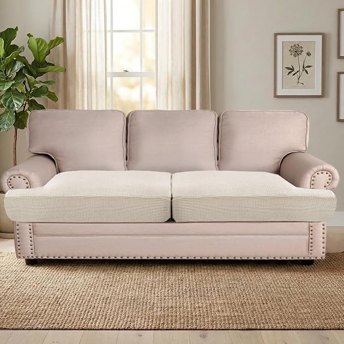 H.VERSAILTEX Stretch 2 Piece T Cushion Sofa Slipcovers Individually Sofa Cushion Covers for 2 Cushion Couch Sofa Seat Cushion Covers with Elastic Bands Featuring Thicker Jacquard Fabric, Island Fossi