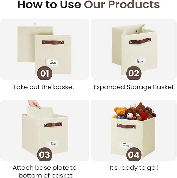 FinishingBo 10.5" x 11" Storage Bins with Labels 6 Pack | PU Leather Handles, Foldable Storage Cubes, Storage Baskets, Closet Storage, Beige
