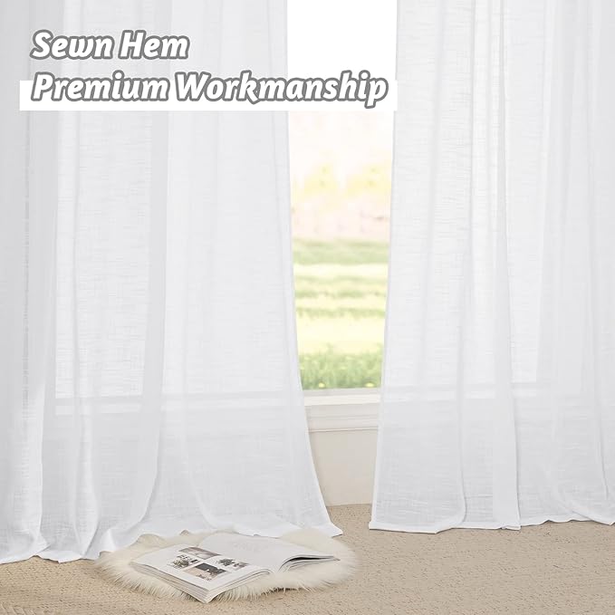 RYB HOME White Sheer Curtains Linen Texture Window Panels, Semi Sheer Light - Image 6