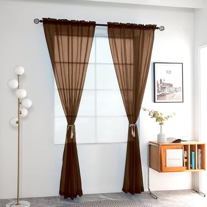youleyar Solid Sheer Rod Pocket Curtain Voile Draperies 2 Panels White Beige - Image 2