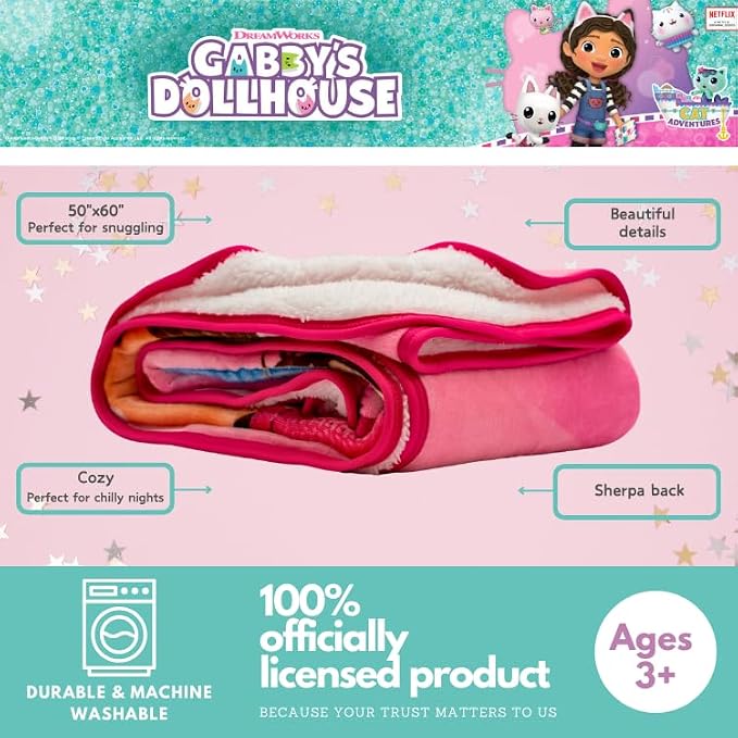 Franco DreamWorks Gabby's Dollhouse Kids Bedding Soft Plush Sherpa Blanket Throw, 50 in x 60 in, (Officially Licensed Product) (Pack of 6)