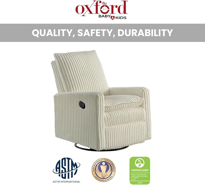 Oxford Baby Uptown Upholstered Glider Recliner Rocking Chair 360° Swivel for Nursery and Living Room - Corduroy Pearl White, Green Guard Gold Certified