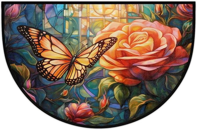 Pardick Vintage Butterfly Rose Anti-Slip Semi Circle Rug - 24X36, Washable Decorative Floor Mat for Kitchen Bathroom Hearth Fireplace