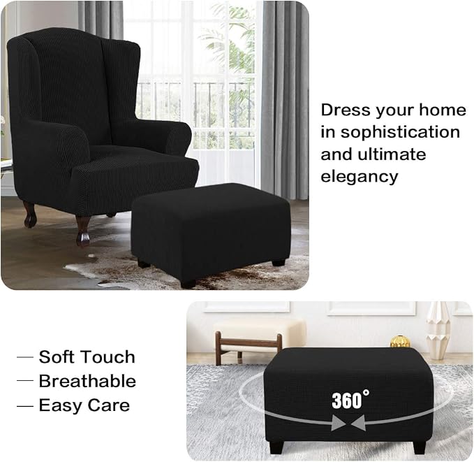 H.VERSAILTEX Ottoman Cover Slipcover Rectangle Fit Length 33"-38" Footrest Sofa Slipcovers Stool Cover Footstool Protector Covers Feature Stretch Thick Soft Jacquard Fabric Removable Washable - Black