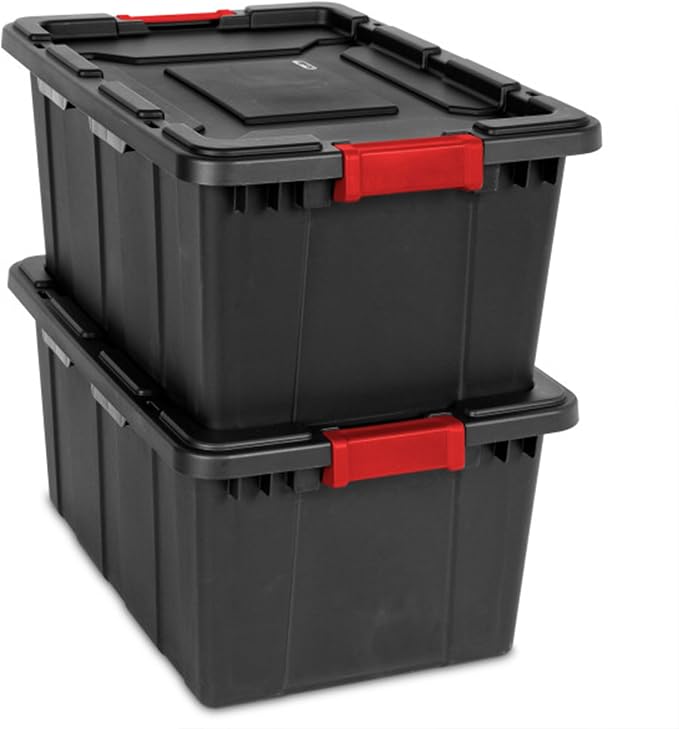 Sterilite Industrial Storage Tote with Lids for Garage, 27 Gallon, 8-Pack | Heavy-Duty and Stackable Utility Box Containers for Home, Office, and Basement Organization, Black