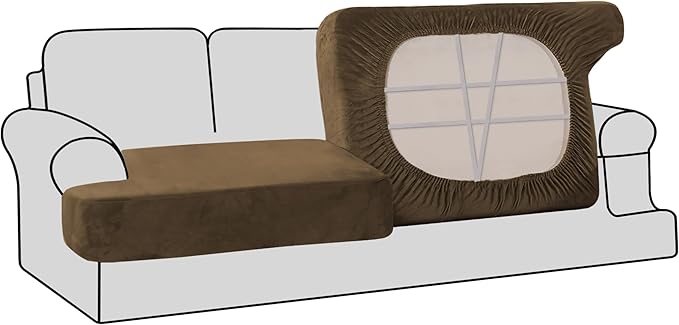 H.VERSAILTEX Stretch Velvet 2 Piece T Cushion Sofa Slipcovers for Living Room Individually Sofa Covers for 2 Cushion Seat Cushion Covers Stay with Elastic Bands (Sofa, Bronze Brown)