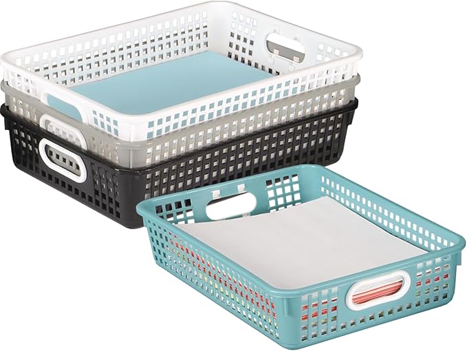 Really Good Stuff Multi-Purpose Small Desktop Paper Storage Baskets | 14" x 10" x 3.25", Set of 4, Neutral Group Colors, Classroom Organization, Stackable Mesh Plastic Baskets with Grip Handles