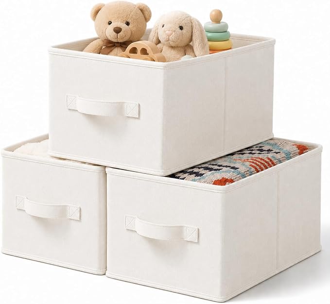 LayerSpace 3 Pack Fabric Storage Bins for Shelves | 16.25x12x10in Closet | Collapsible Bins for Organization | Linen Clothes Storage Bins | White & Ivory