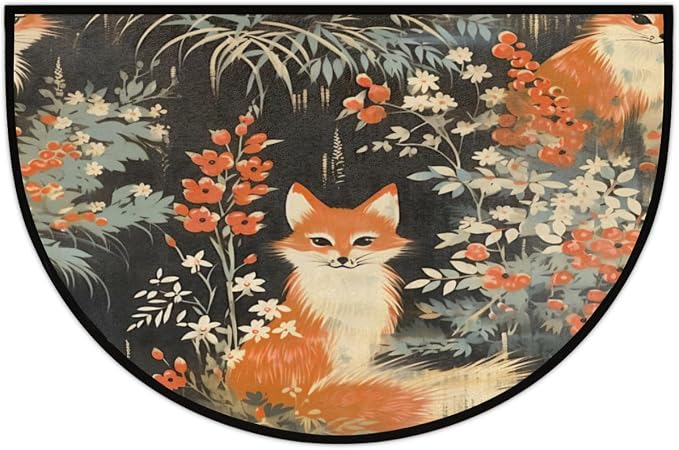Vintage Fox Pattern Half Round Door Mat, Non-Slip Entrance Welcome Mat for Indoor Semi Circle Bathroom Floor Rugs Outdoor Mats House Entry Way Heavy Duty Doormat for Kitchen Living Room 36x24 Inch