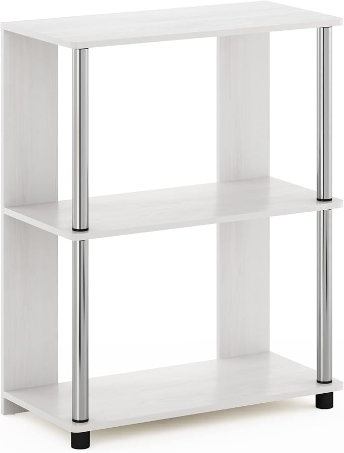 Furinno Jaya Simple Design 3-Tier Bookcase / Bookshelf / Display Rack with Stainless Steel Tubes, White Oak | 11.6 x 23.6 x 30, Storage Shelves, Shelving Unit, for Organization and Storage, Living Room, Garage, Home Office
