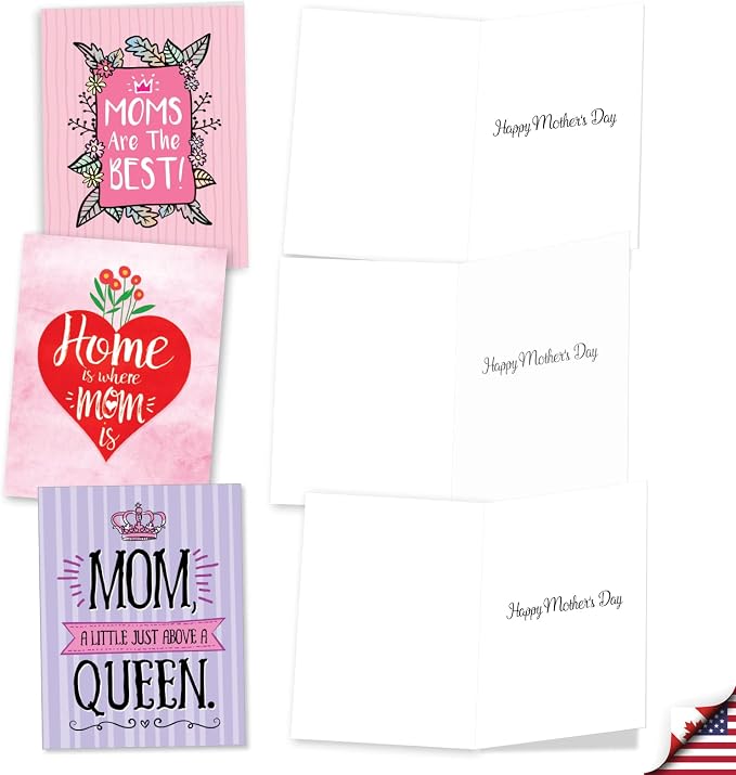 The Best Card Company 36 Assorted Mother's Day Notecards Bulk Box Set 4 x 5.12 Inch w/Envelopes (12 Designs, 3 Each) Greeting Card Pack for Daughter, Girlfriends - Mom Notes AM3138MDG-B3x12