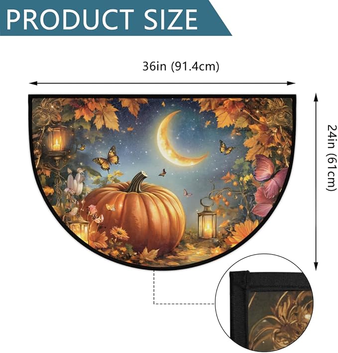 Pumpkin Maple Leaf Butterfly Half Round Door Mat Non-Slip Soft Doormats for Home Indoor Outdoor Entrance Bath Carpet Area Rugs for Home Dining Living Room Bedroom 36" X 24"