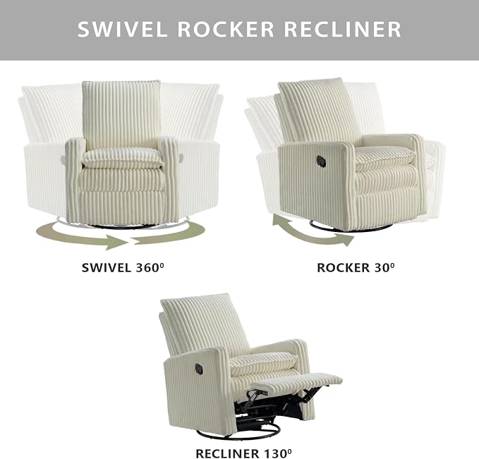 Oxford Baby Uptown Upholstered Glider Recliner Rocking Chair 360° Swivel for Nursery and Living Room - Corduroy Pearl White, Green Guard Gold Certified