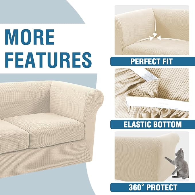 H.VERSAILTEX 3 Pieces Loveseat Slipcovers for 2 Cushion Couch Stretch Traditional Chesterfield Loveseat Cover Mid Century Deep Seat Couch Cover, Thicker Jacquard Fabric(Medium Sofa, Natural)