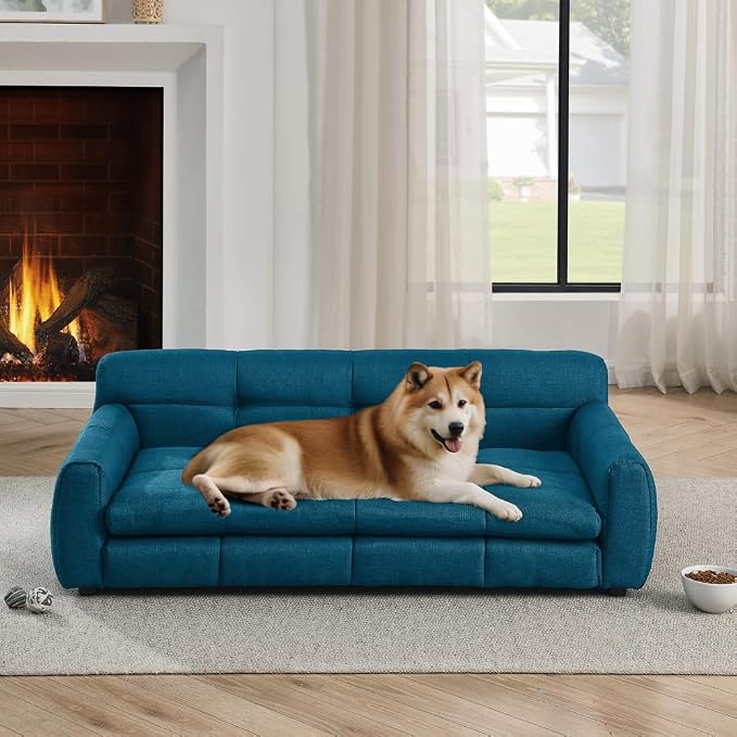 51" Dog Sofa Couch Bed for Small, Medium, Large Dogs, Soft Memory Foam Pet Sofa with Durable Linen Fabric, Comfortable Pet Couch with Backrest and Armrests, Easy to Clean and Maintain（Dark Blue）